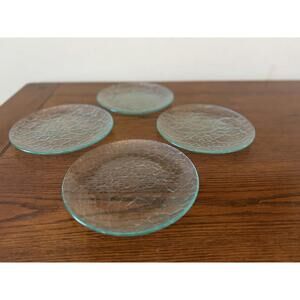 Glass Dessert Salad Plates Green Cobblestone Pattern Set of 4 MINT